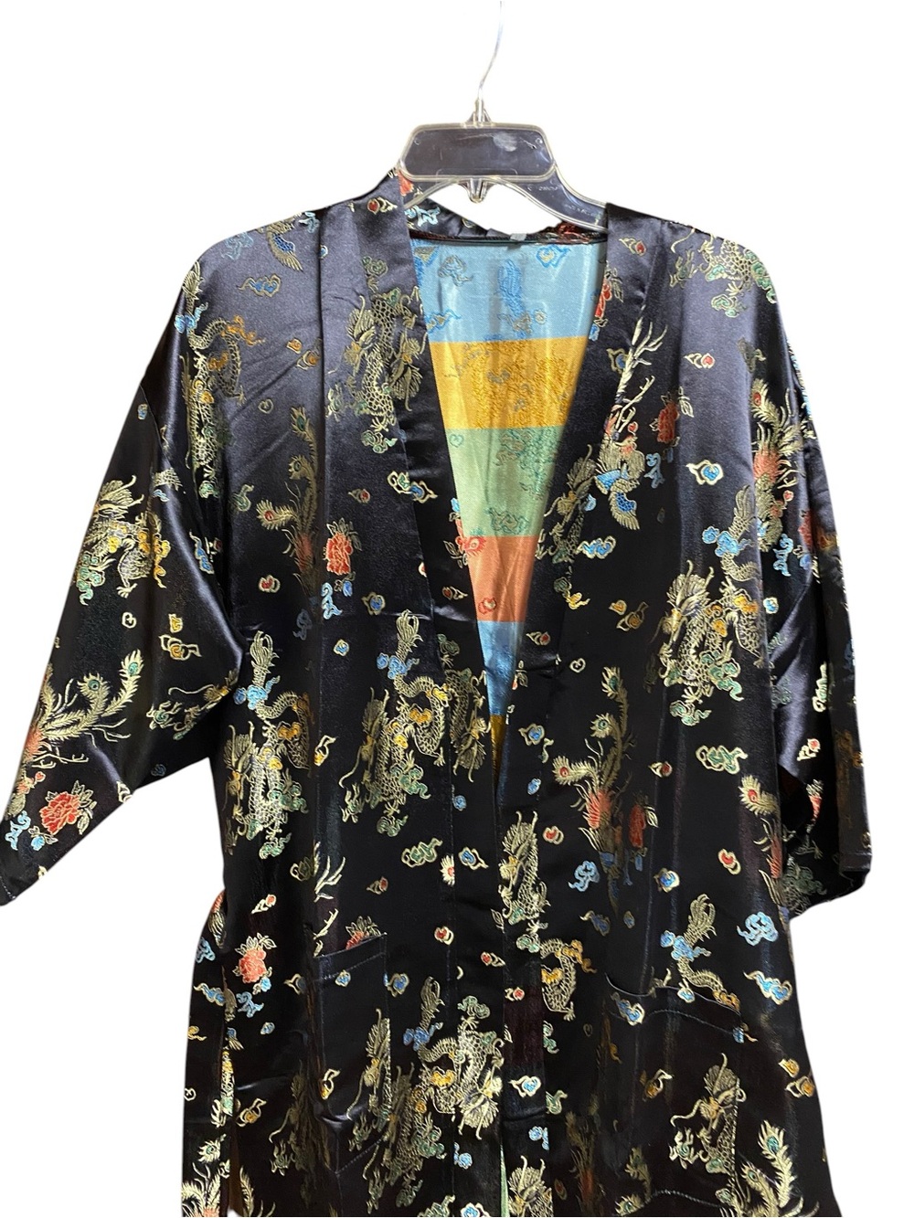 Black Gold satin kimono robe traditional Asian dragon embroidery Boho Whimsical - Picture 9 of 14